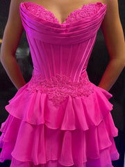 Sweetheart Strapless Corset Homecoming Dress Lace Applique Tiered Ruffle Chiffon Mini