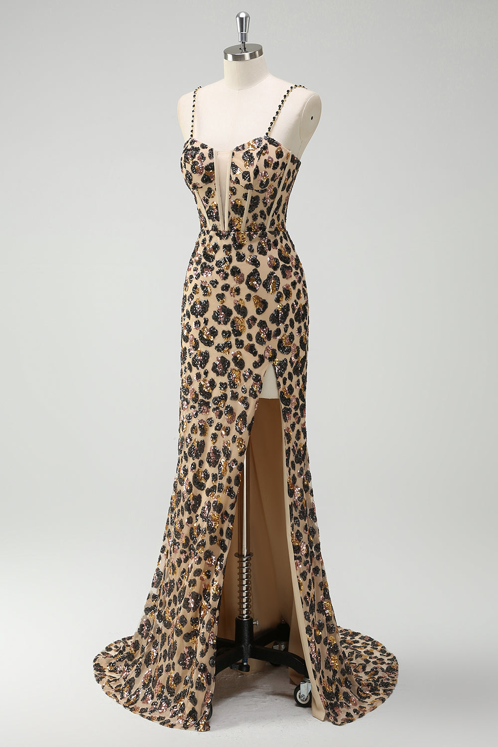 Khaki Leopard Spaghetti Straps Sequins Mermaid Long Corset Prom Dress with Slit