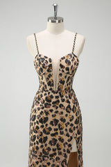 Khaki Leopard Spaghetti Straps Sequins Mermaid Long Corset Prom Dress with Slit