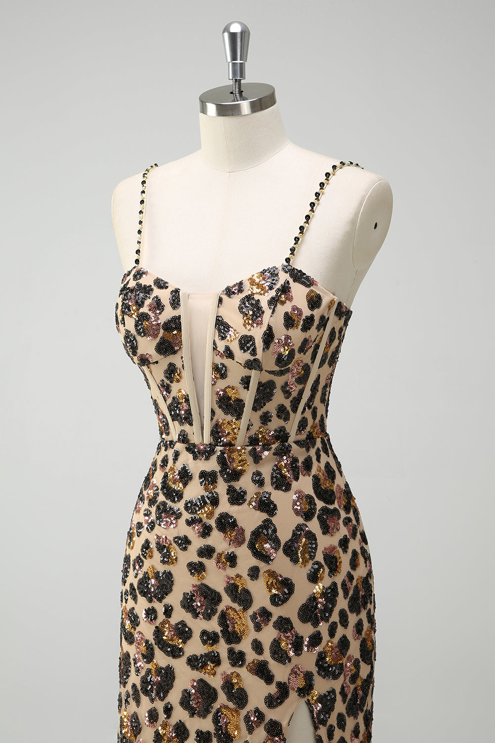 Khaki Leopard Spaghetti Straps Sequins Mermaid Long Corset Prom Dress with Slit