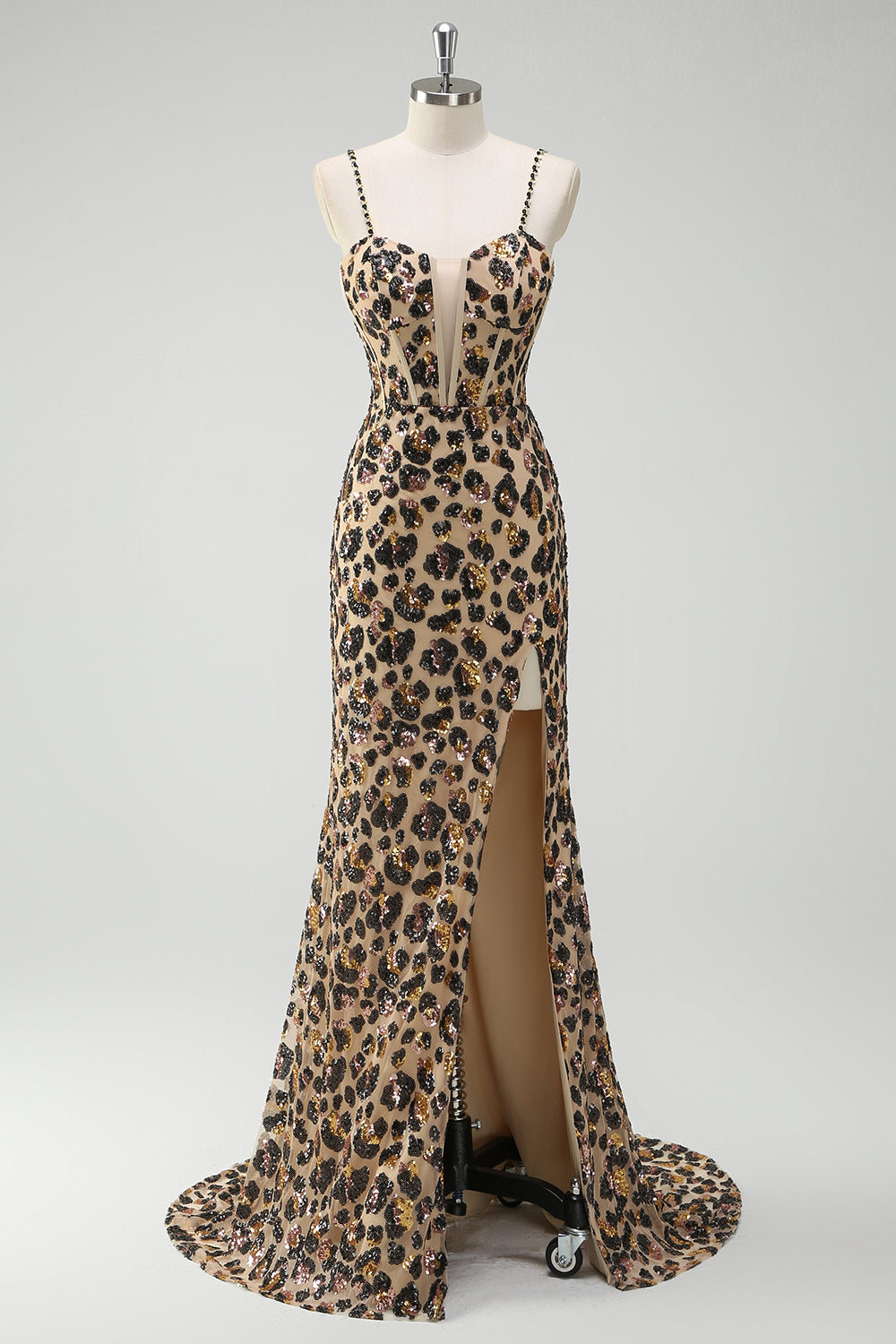 Khaki Leopard Spaghetti Straps Sequins Mermaid Long Corset Prom Dress with Slit