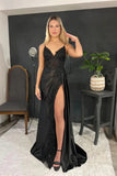 Amazing Long Black V-neck Spaghetti Straps Lace Sleeveless Prom Dress With Slit