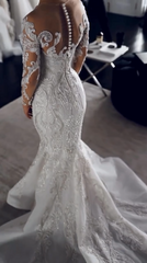 Luxury Long White Mermaid Lace Long Sleeves Wedding Dress With Detachable Train