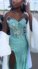 Pretty Mint Strapless Corset Mermaid Beaded Long Prom Dress with Slit