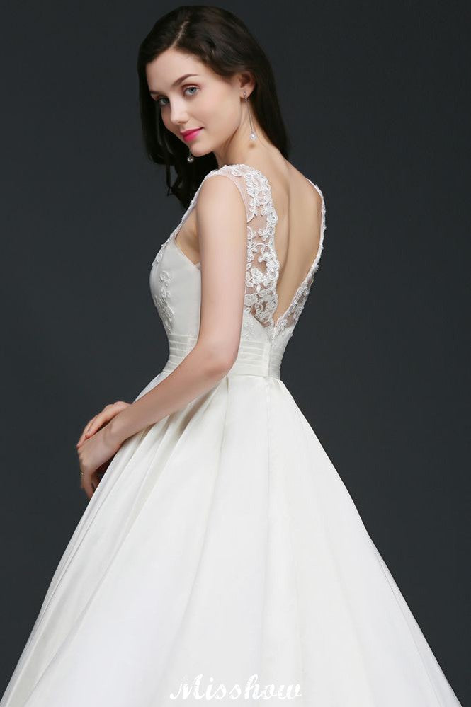 This elegant Jewel Satin wedding dress with Lace could be custom made in plus size for curvy women. Plus size Sleeveless A-line bridal gowns are classic yet cheap.