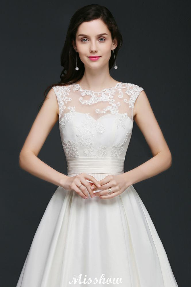 This elegant Jewel Satin wedding dress with Lace could be custom made in plus size for curvy women. Plus size Sleeveless A-line bridal gowns are classic yet cheap.
