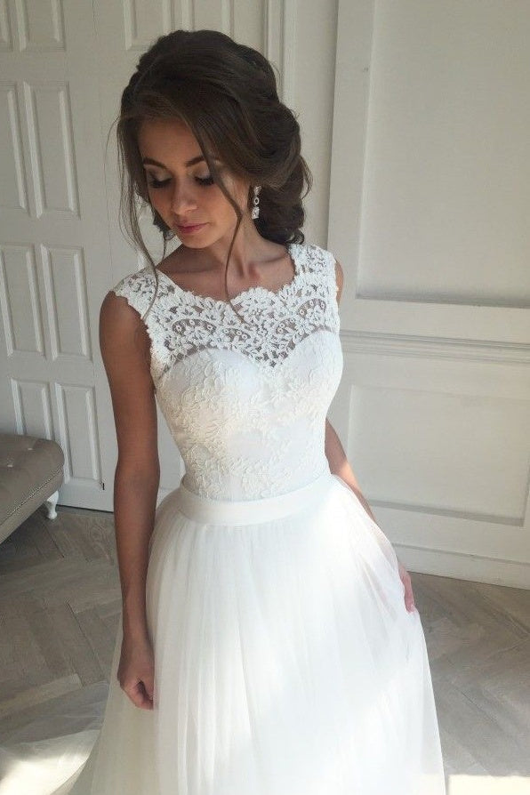 Lace A-line Simple Sleeveless Sash Open-Back Wedding Dresses-misshow.com