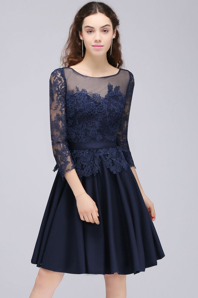Looking for Bridesmaid Dresses in Tulle, A-line style, and Gorgeous Appliques work  MISSHOW has all covered on this elegant Lace Appliques 3/4 Sleeves Short Bridesmaid Dresses Daily Casual Dress.