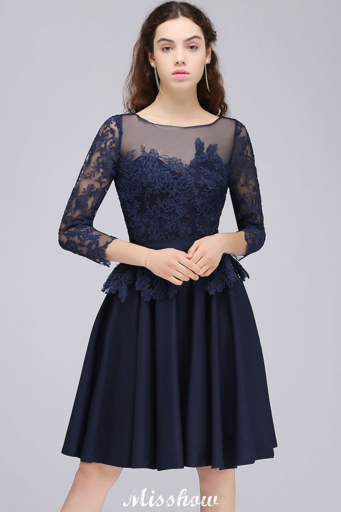 Looking for Bridesmaid Dresses in Tulle, A-line style, and Gorgeous Appliques work  MISSHOW has all covered on this elegant Lace Appliques 3/4 Sleeves Short Bridesmaid Dresses Daily Casual Dress.