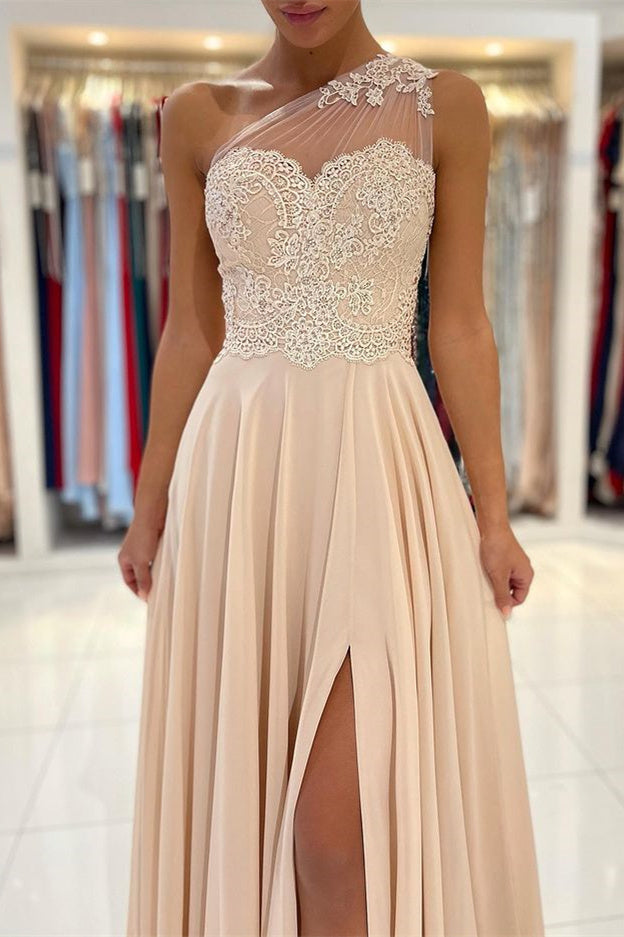 Lace Appliques A-Line Sleeveless One-Shoulder Simple Prom Dress-misshow.com