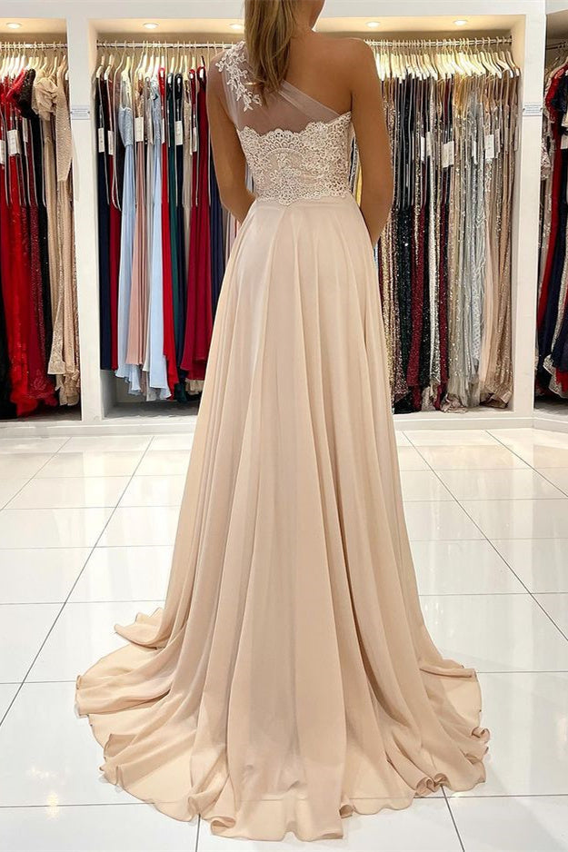 Lace Appliques A-Line Sleeveless One-Shoulder Simple Prom Dress-misshow.com