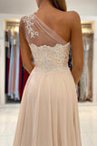 Lace Appliques A-Line Sleeveless One-Shoulder Simple Prom Dress-misshow.com
