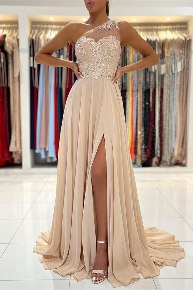 Lace Appliques A-Line Sleeveless One-Shoulder Simple Prom Dress-misshow.com