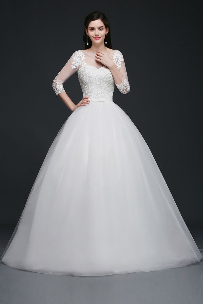 This elegant Scoop Tulle wedding dress with Lace could be custom made in plus size for curvy women. Plus size 3/4-Length Sleeves Ball Gown bridal gowns are classic yet cheap.