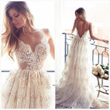 Lace Appliques Elegant V-Neck Prom Dress Tiered Backless Sleeveless Evening Dress-misshow.com