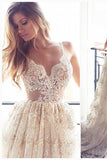 Lace Appliques Elegant V-Neck Prom Dress Tiered Backless Sleeveless Evening Dress