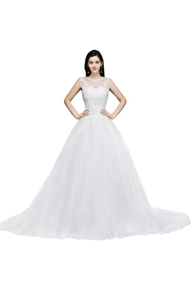 This elegant Scoop Tulle wedding dress with Lace could be custom made in plus size for curvy women. Plus size Sleeveless Princess bridal gowns are classic yet cheap.