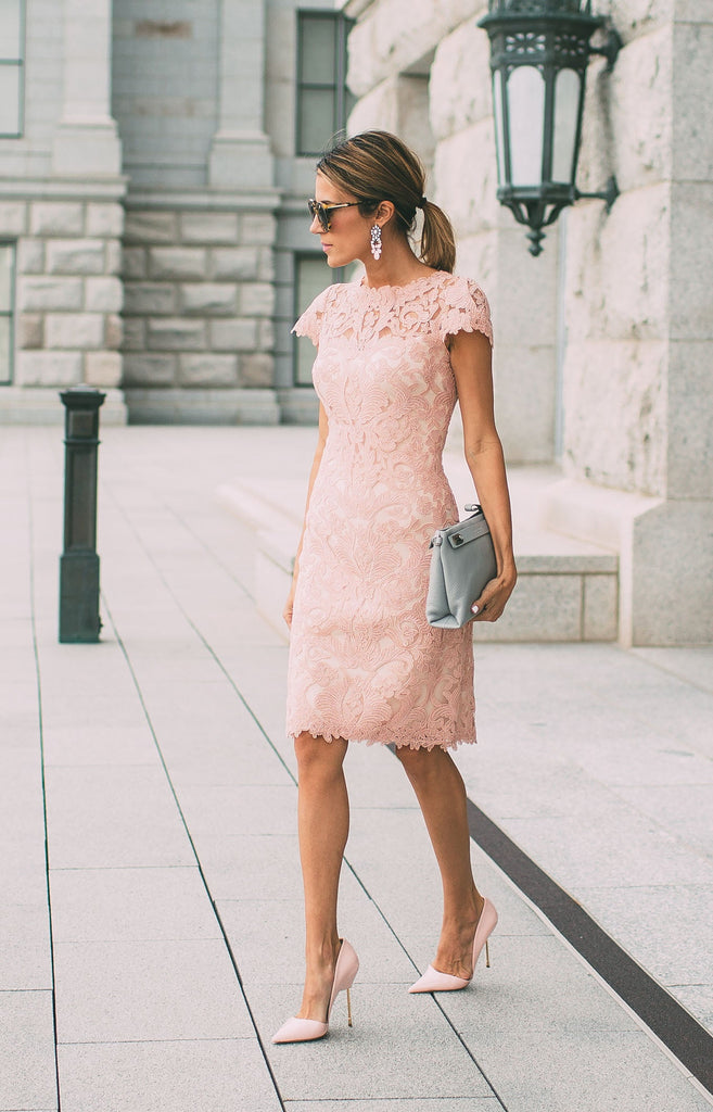 Lace Blushing Pink Formal Dresses Knee Length Wedding Party Dress Lace Blushing Pink Formal Dresses Knee Length Wedding Party Dress
