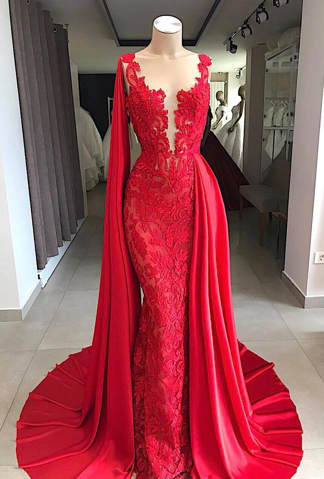 Lace Long Evening Dresses | Sleeveless Red Prom Dresses with Cape-misshow.com