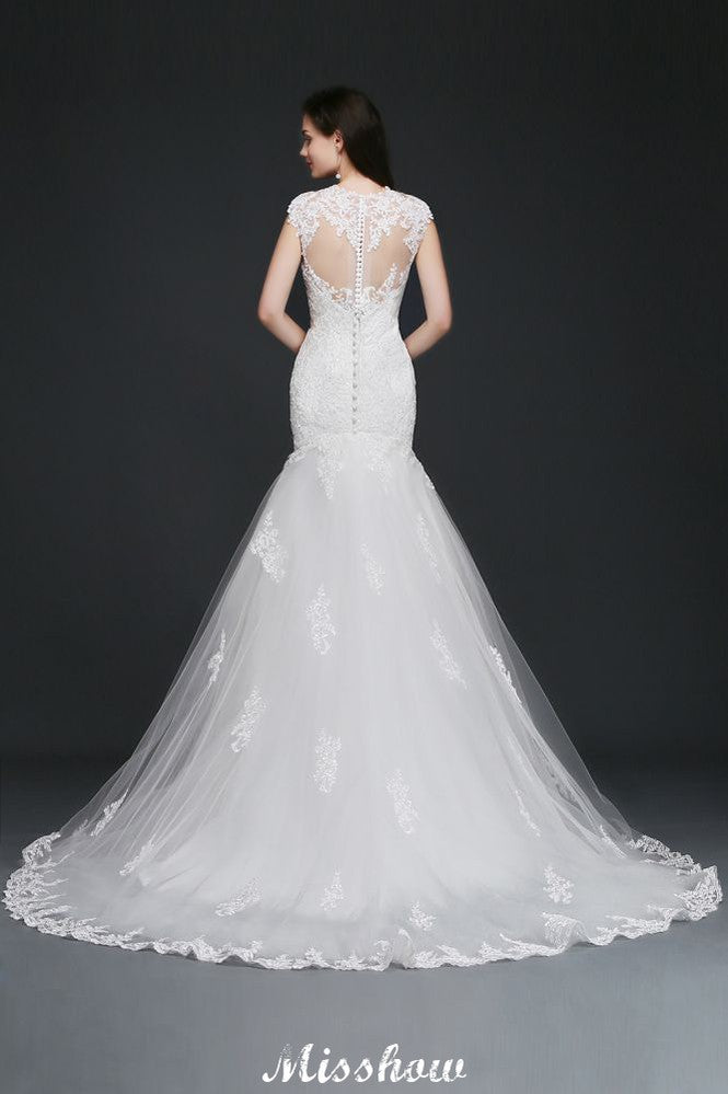 This elegant Jewel Tulle wedding dress with Lace could be custom made in plus size for curvy women. Plus size Sleeveless Mermaid bridal gowns are classic yet cheap.