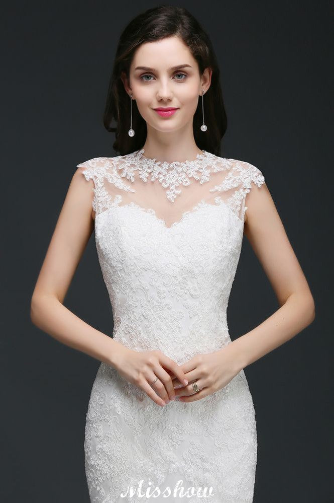 This elegant Jewel Tulle wedding dress with Lace could be custom made in plus size for curvy women. Plus size Sleeveless Mermaid bridal gowns are classic yet cheap.