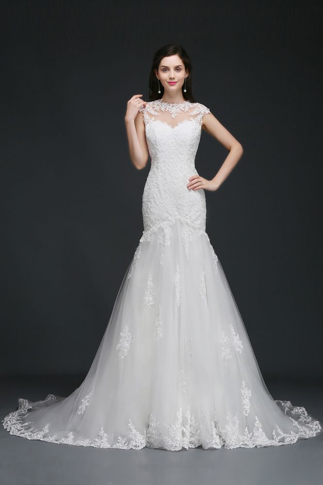This elegant Jewel Tulle wedding dress with Lace could be custom made in plus size for curvy women. Plus size Sleeveless Mermaid bridal gowns are classic yet cheap.