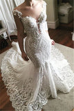 Lace Mermaid Wedding Dress Glamorous Sheer Tulle Bridal Wears with Buttons
