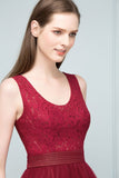 Looking for Prom Dresses,Evening Dresses in Tulle,Lace, A-line style, and Gorgeous Lace work  MISSHOW has all covered on this elegant Lace Top Burgundy A-line Scoop Long Sleevless Tulle Prom Dresses.