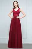 Lace Top Burgundy A-line Scoop Long Sleevless Tulle Prom Dresses