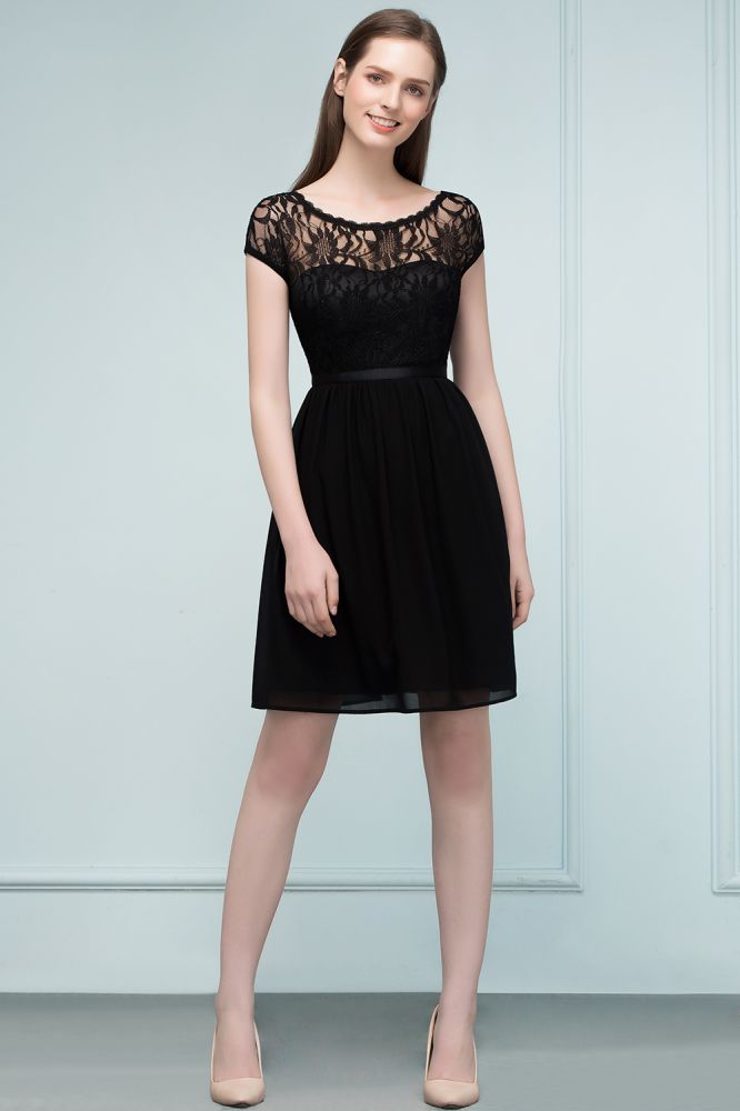 Lace Top Chiffon A-line Short Scoop Bridesmaid Dresses