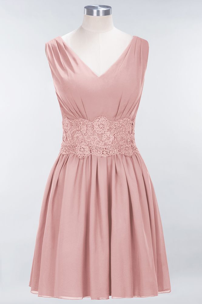 Lace V-Neck Sleeveless Mini Bridesmaid Dresses A-line Chiffon Homecoming Dress | MISSHOW Lace V-Neck Sleeveless Mini Bridesmaid Dresses A-line Chiffon Homecoming Dress | MISSHOW