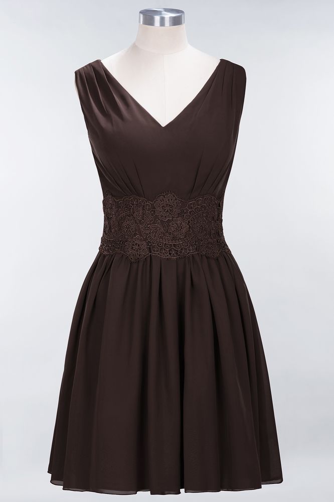 Lace V-Neck Sleeveless Mini Bridesmaid Dresses A-line Chiffon Homecoming Dress | MISSHOW misshow.com Lace V-Neck Sleeveless Mini Bridesmaid Dresses A-line Chiffon Homecoming Dress | MISSHOW misshow.com