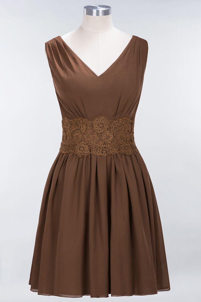 Lace V-Neck Sleeveless Mini Bridesmaid Dresses A-Line Chiffon Homecoming Dress | MisShow Lace V-Neck Sleeveless Mini Bridesmaid Dresses A-Line Chiffon Homecoming Dress | MisShow