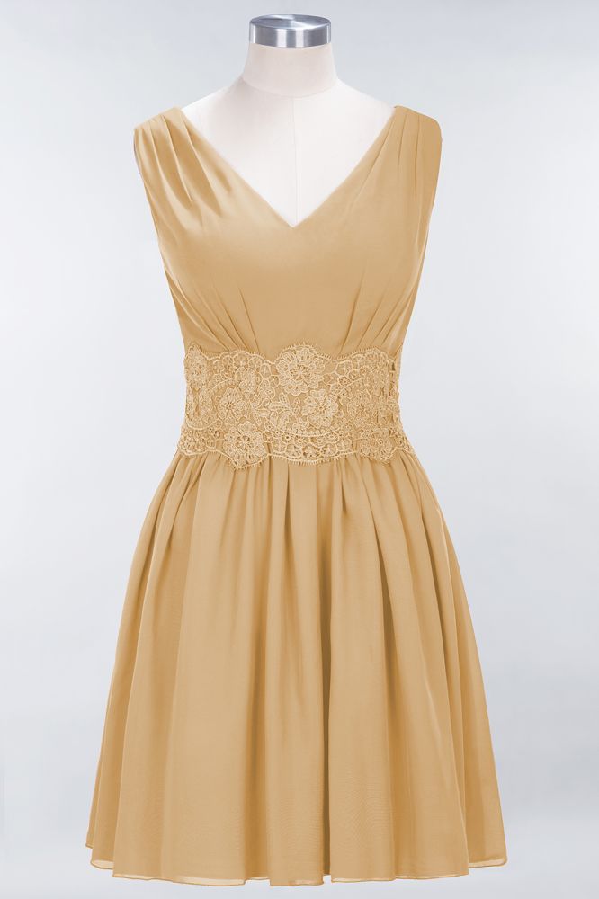 Lace V-Neck Sleeveless Mini Bridesmaid Dresses A-Line Chiffon Homecoming Dress | MisShow Lace V-Neck Sleeveless Mini Bridesmaid Dresses A-Line Chiffon Homecoming Dress | MisShow