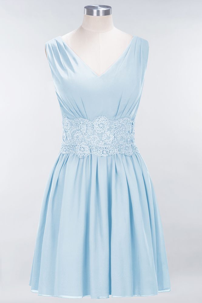 Lace V-Neck Sleeveless Mini Bridesmaid Dresses A-Line Chiffon Homecoming Dress | MisShow Lace V-Neck Sleeveless Mini Bridesmaid Dresses A-Line Chiffon Homecoming Dress | MisShow