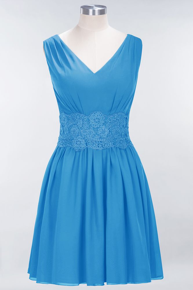 Lace V-Neck Sleeveless Mini Bridesmaid Dresses A-Line Chiffon Homecoming Dress | MisShow Lace V-Neck Sleeveless Mini Bridesmaid Dresses A-Line Chiffon Homecoming Dress | MisShow