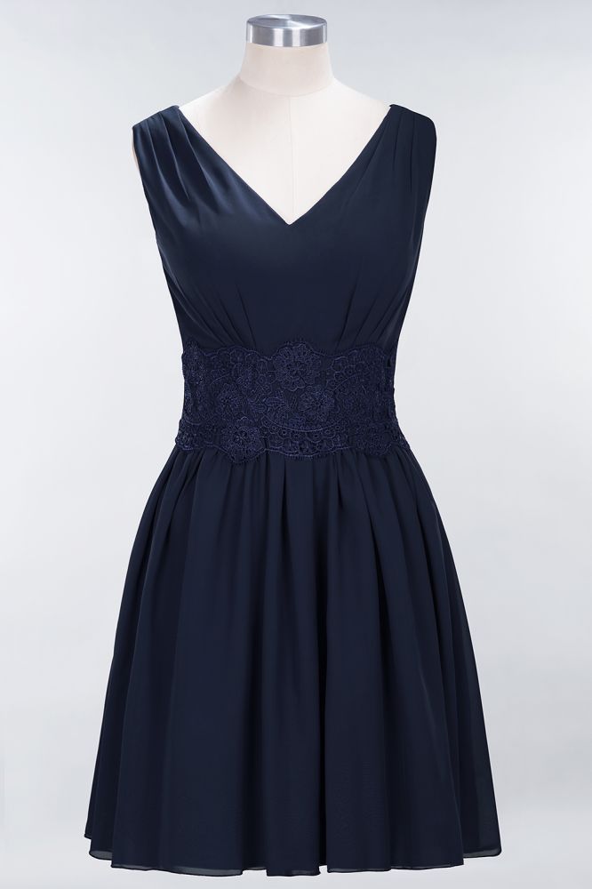 Lace V-Neck Sleeveless Mini Bridesmaid Dresses A-Line Chiffon Homecoming Dress | MisShow Lace V-Neck Sleeveless Mini Bridesmaid Dresses A-Line Chiffon Homecoming Dress | MisShow