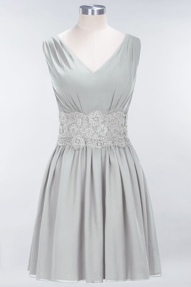 Lace V-Neck Sleeveless Mini Bridesmaid Dresses A-line Chiffon Homecoming Dress | MISSHOW Lace V-Neck Sleeveless Mini Bridesmaid Dresses A-line Chiffon Homecoming Dress | MISSHOW