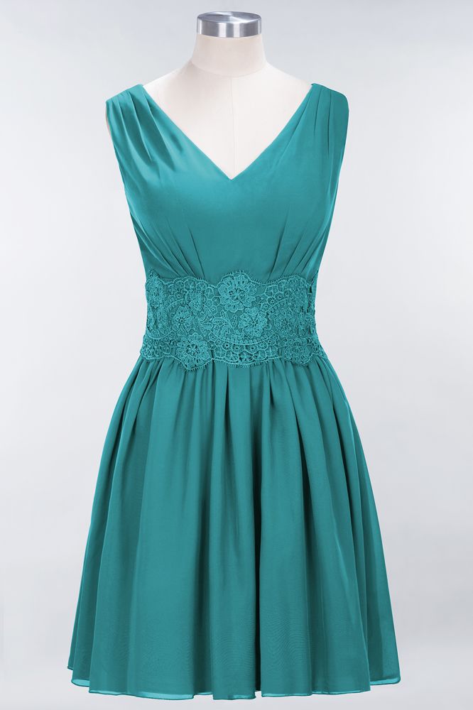MISSHOW offers Lace V-Neck Sleeveless Mini Bridesmaid Dresses A-line Chiffon Homecoming Dress at a good price from Misshow