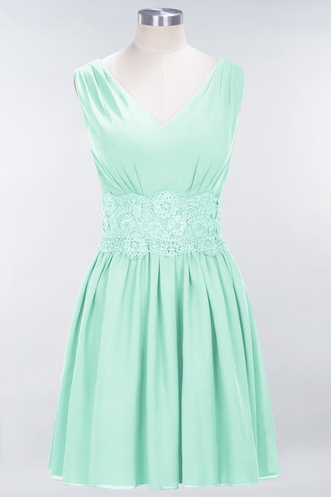 MISSHOW offers Lace V-Neck Sleeveless Mini Bridesmaid Dresses A-line Chiffon Homecoming Dress at a good price from Misshow