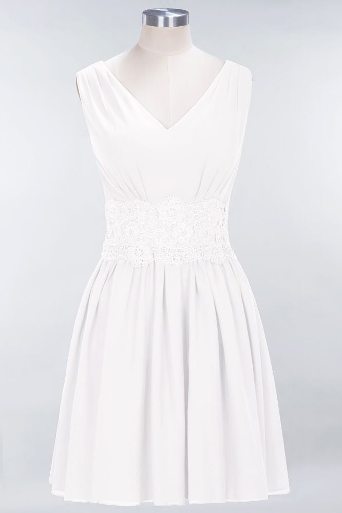 Lace V-Neck Sleeveless Mini Bridesmaid Dresses A-line Chiffon Homecoming Dress | MISSHOW Lace V-Neck Sleeveless Mini Bridesmaid Dresses A-line Chiffon Homecoming Dress | MISSHOW
