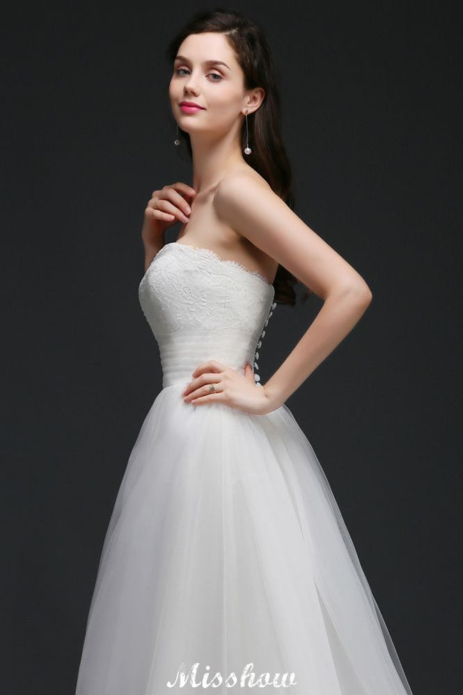 This elegant Strapless Tulle wedding dress with Lace could be custom made in plus size for curvy women. Plus size Sleeveless A-line bridal gowns are classic yet cheap.