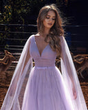 Lilac A-line Long V-Neck Long Sleeves Prom Dresses with Glitter-misshow.com