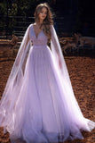Lilac A-line Long V-Neck Long Sleeves Prom Dresses with Glitter
