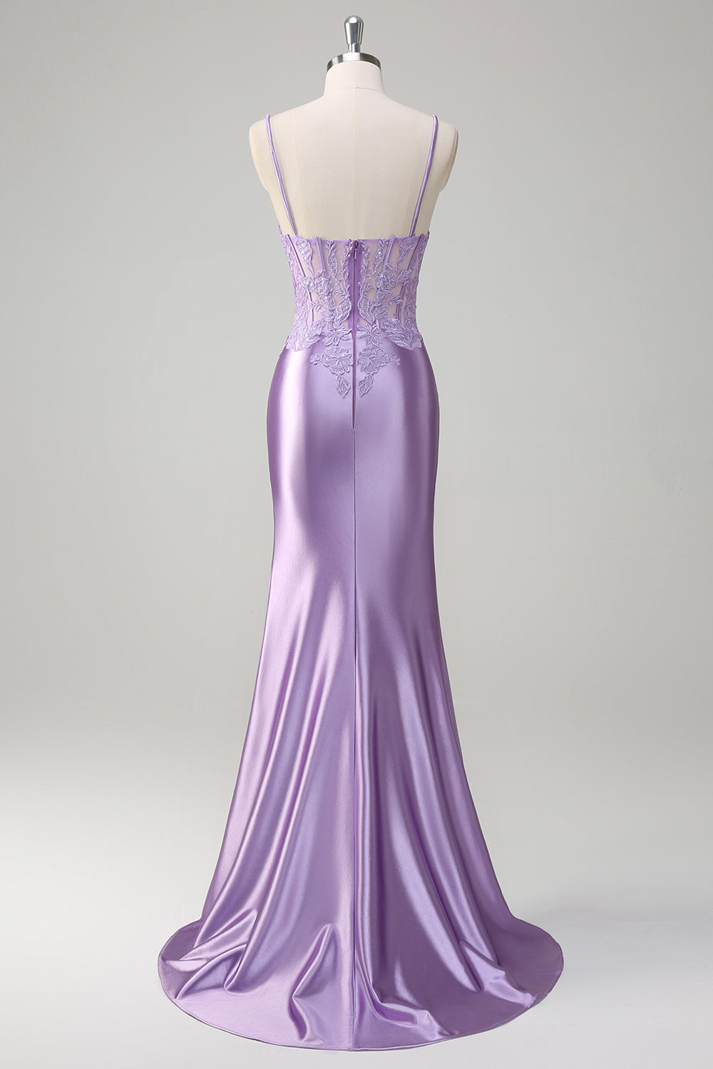 Lilac Spaghetti Straps Satin Mermaid Long Prom Dress with Appliques