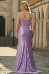 Lilac Spaghetti Straps Satin Mermaid Long Prom Dress with Appliques