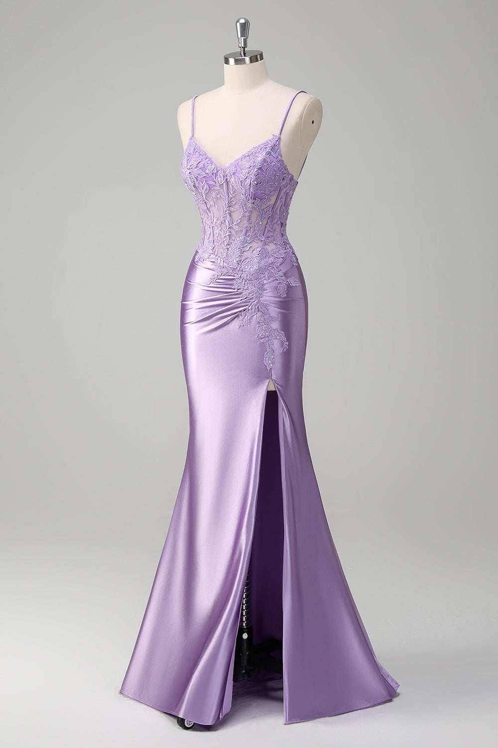 Lilac Spaghetti Straps Satin Mermaid Long Prom Dress with Appliques