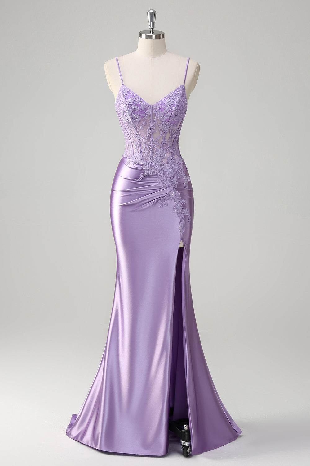 Lilac Spaghetti Straps Satin Mermaid Long Prom Dress with Appliques