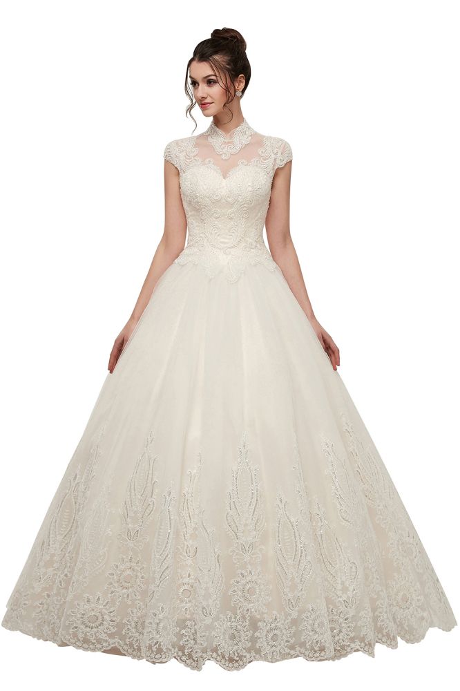 Looking for  in 100D Chiffon,Lace, Princess style, and Gorgeous Lace,Appliques,Ruched work  MISSHOW has all covered on this elegant Long A-line High Neck Lace Appliques Short Sleeves Wedding Dresses with Lace-up.