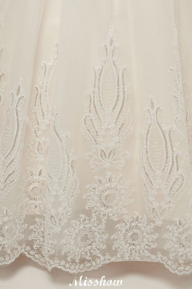 Looking for  in 100D Chiffon,Lace, Princess style, and Gorgeous Lace,Appliques,Ruched work  MISSHOW has all covered on this elegant Long A-line High Neck Lace Appliques Short Sleeves Wedding Dresses with Lace-up.